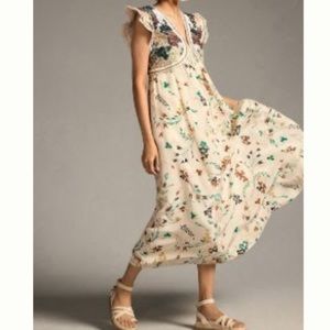 By Anthropologie Embroidered Bodice Print Maxi Dress